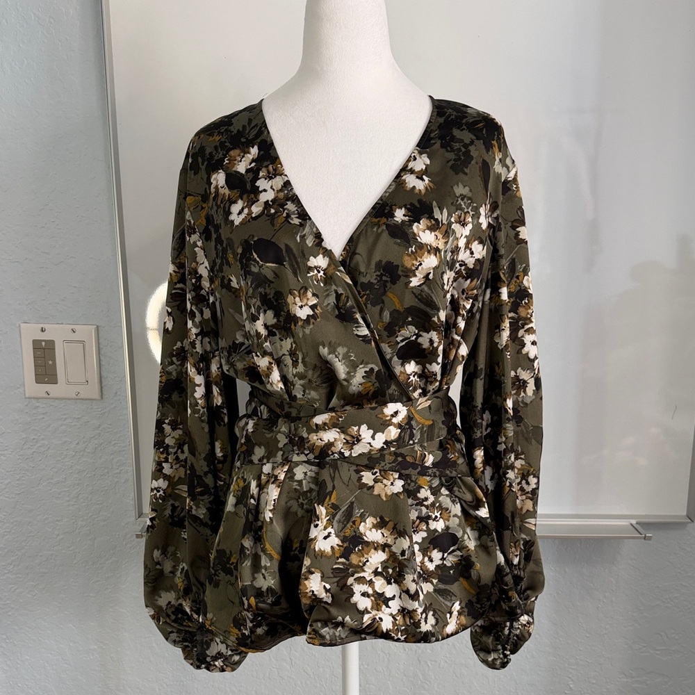 INC International Concepts Floral Wrap Blouse - Olive and White